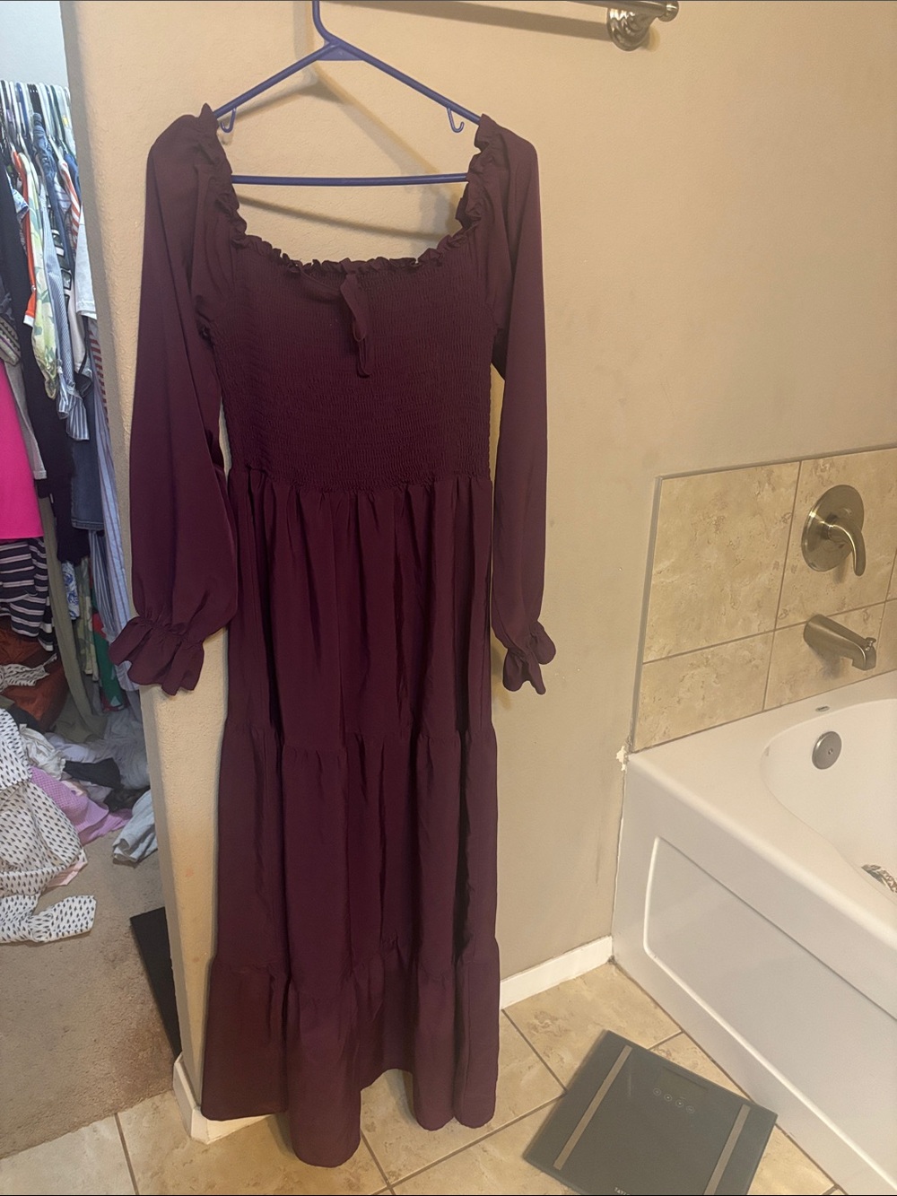 Amazon Plum Long Sleeve Smocked Maxi Dress